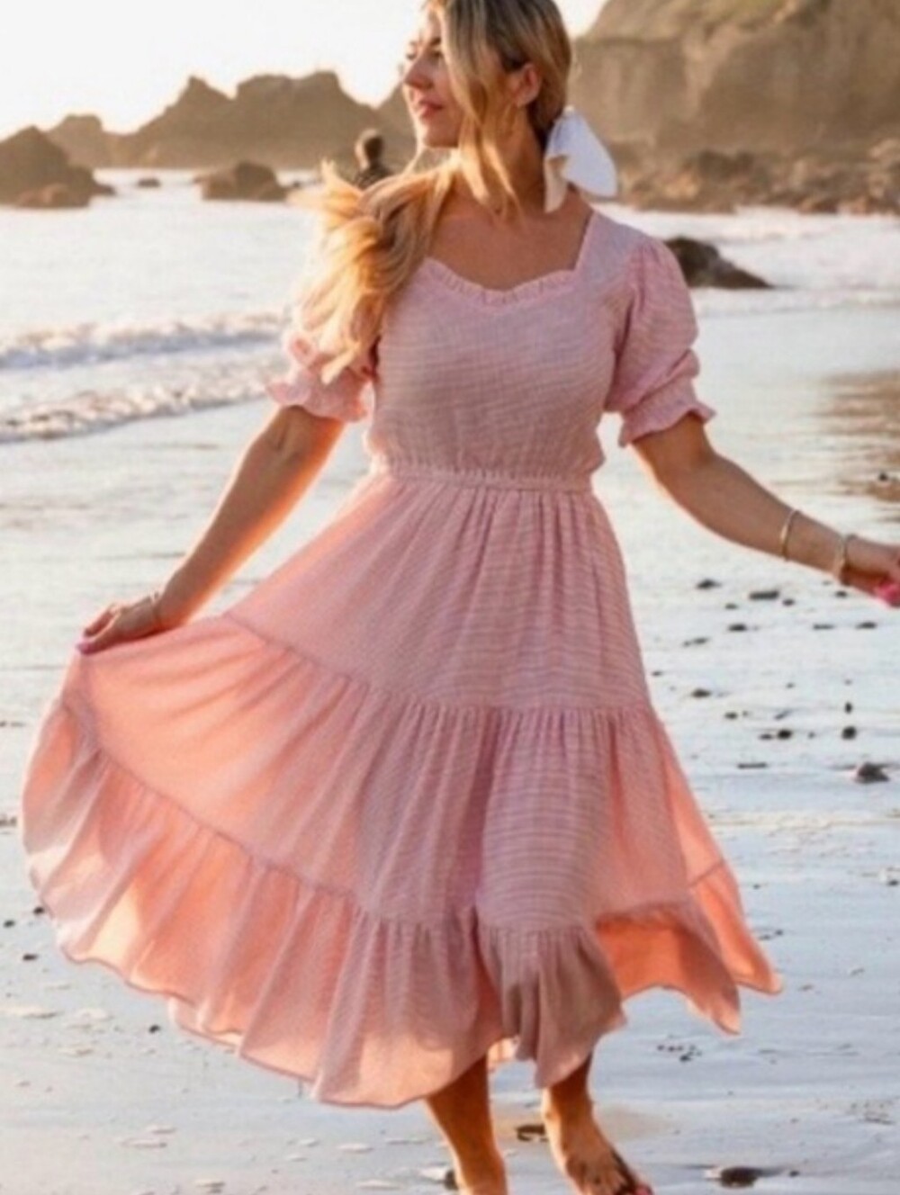 Ivy City Co Sally Midi Dress features a pink checkered pattern S NWOT